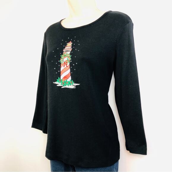 Karen Scott Black Christmas Lighthouse Top Long Sleeve Round Neck T Shirt Style - Picture 7 of 16